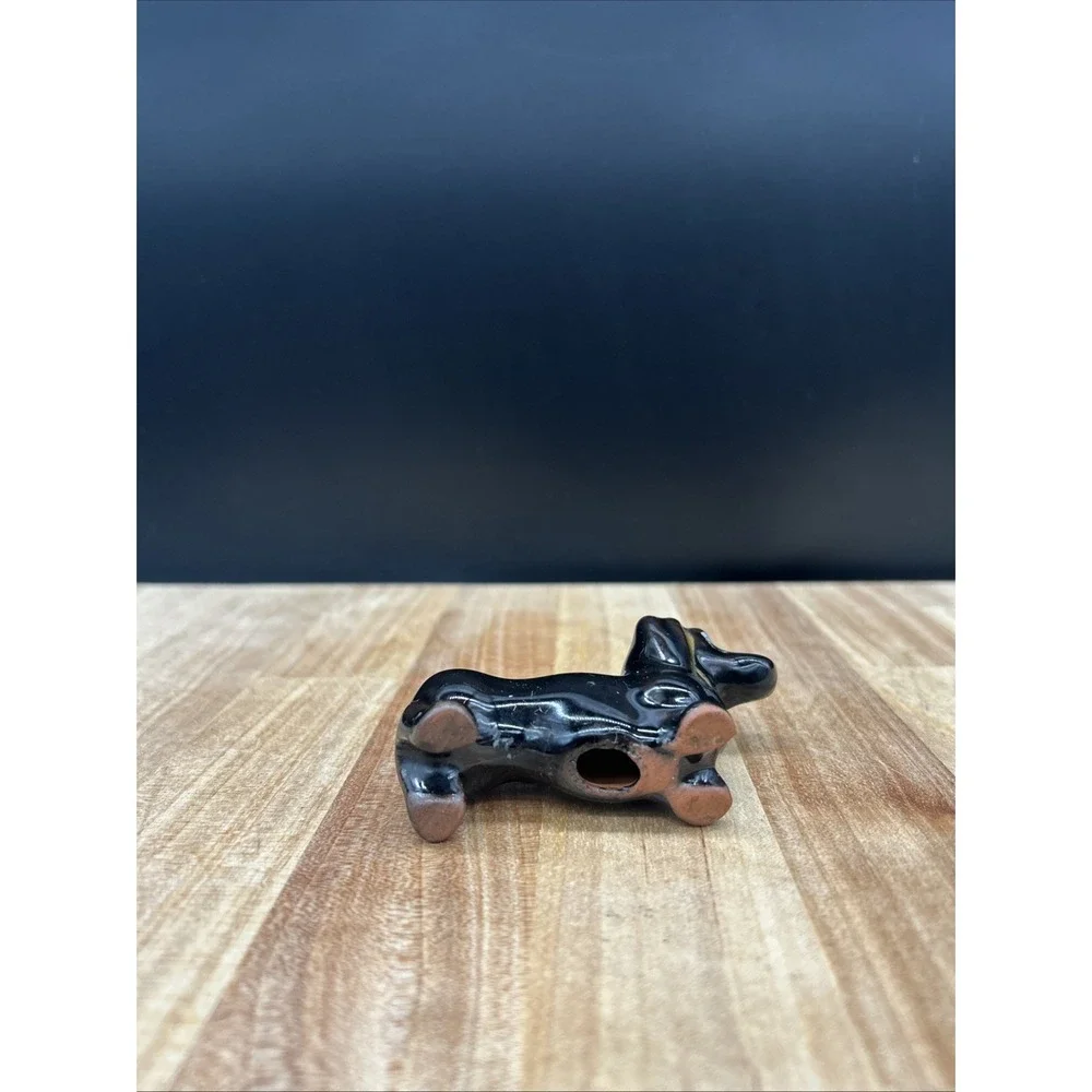 Vintage Art Pottery Redware Figurine Black Dachshund  Dog Made In Japan